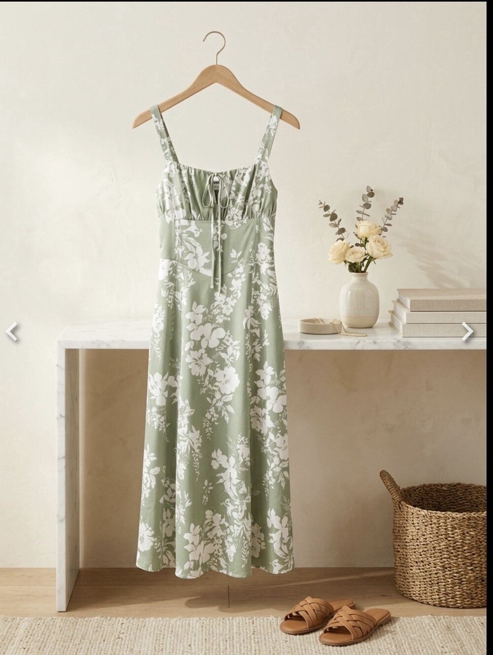 Parthea Sage Green Floral Print Midi Dress Excellent Condition Size Medium